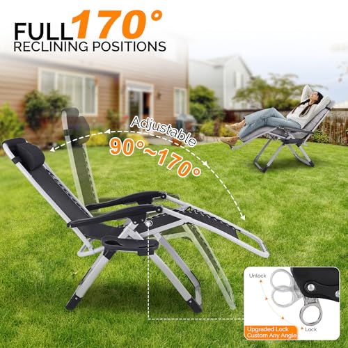 VINGLI Padded Zero Gravity Chair, Lounge Chair with Removable Cushion & Tray， Folding Reclining Patio Chairs， Recliner Chair for Lawn，Indoor and Outdoor