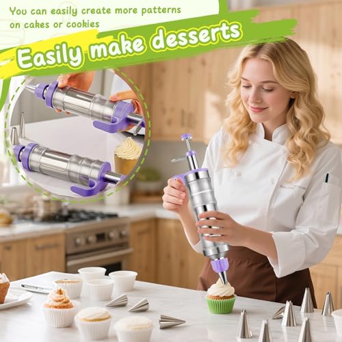 NOVANO Dessert Decorating Syringe Set, Frosting Piping Kit Stainless Steel Cake Decorating Kit with 54 Piping Tips & 9 Silicone Cupcakes, Cupcake Decorating Kit Piping Bags and Tips Set