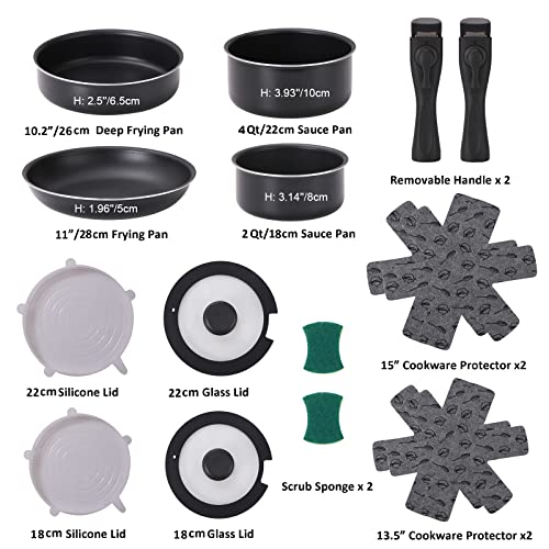 Xeeyaya 16 Pieces Kitchen Removable Handle Cookware Sets, Stackable Pots and Pans Set Nonstick for Induction Gas RVs Camping Space Saving