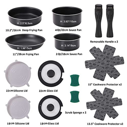 Xeeyaya 16 Pieces Kitchen Removable Handle Cookware Sets, Stackable Pots and Pans Set Nonstick for Induction Gas RVs Camping Space Saving