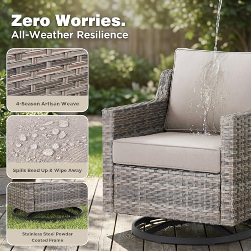 Belord Patio Wicker Swivel Rocker Patio Chairs with 3-Seater Sofa and 42.5" Fire Pit Table, Outdoor Furniture Set for Deck Porch Poolside, 11 Piece Patio Conversation Furniture Set,Beige