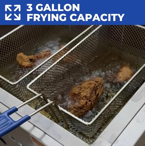 Deep Fryer Cart | 3 Gallon Single Tank | 2 Frying Baskets | 2 Pan Steam Table | Portable 4 Wheel | Stainless Steel | Frying Thermometer | Outdoor Propane Fryer for Chicken, Fish, & More