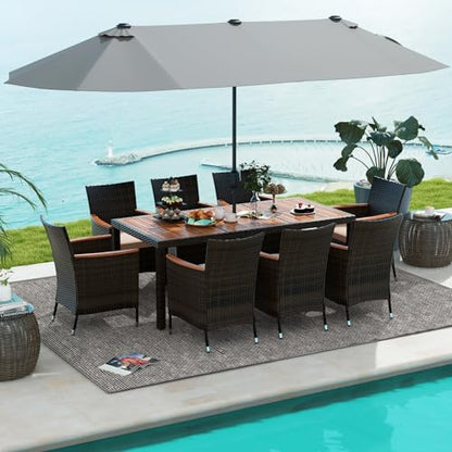 Tangkula 11 Piece Rattan Outdoor Dining Set with 15Ft Patio Umbrella for 8, Outdoor Wicker Table Set with 8 Cushioned Armchairs, Acacia Wood Top, Outdoor Umbrella with Base Included