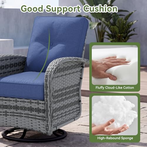 LazySunsets 9 PCS Patio Furniture Set, Outdoor Sectional All-Weather Wicker Conversation Set with Swivel Rocker Chairs, 4'' Thick Cushions for Backyard Poolside(Navy/Grey)