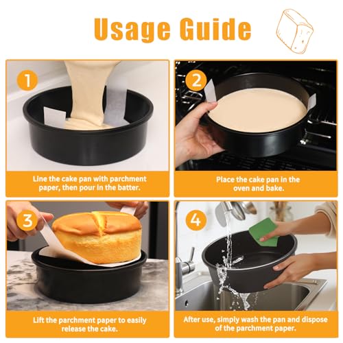 BakerChef 8 Inch Cake Pan Set of 3, Nonstick Round Cake Pans with 110 PCS Parchment Paper, Non-Toxic Carbon Steel Cake Baking Pans, Dishwasher Safe