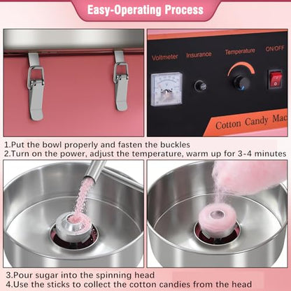 Professional Cotton Candy Machine - Commercial Electric Maker With Drawer & Large Stainless Steel Sugar Scoop- Fast Heat-Up - Perfect For Parties & Business,Pink W/Cart