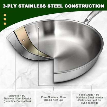 EWFEN 12 Inch Tri-Ply Stainless Steel Frying Pan, Compatible with All Cooktops Up to 600℉, Large Frying Pan with lids, Induction-Ready Skillet, Dishwasher and Oven Safe, Even Heat, 12" Skillet + Lid