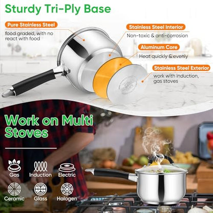 P&P CHEF 3 Quart Sauce Pan with Lid, Stainless Steel Saucepan, Small Milk Pot for Multipurpose Cooking, Visible Glass Lid & Stay-cool Silicone Handle & Tri-Ply Base, For All Stoves & Dishwasher Use