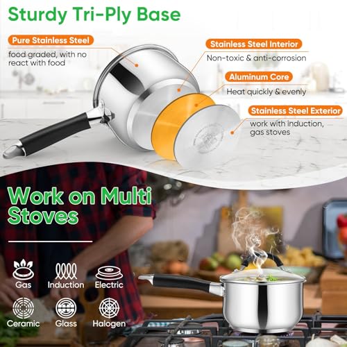 P&P CHEF 2 Quart Sauce Pan with Lid, Stainless Steel Saucepan, Small Milk Pot for Multipurpose Cooking, Visible Glass Lid & Stay-cool Silicone Handle & Tri-Ply Base, For All Stoves & Dishwasher Use