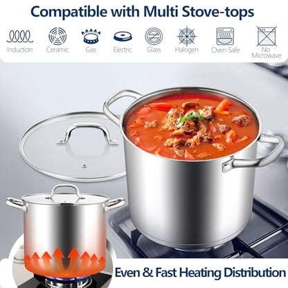 E-far 10 Quart Pot, Stainless Steel Stock Cooking Pot with Glass Lid for Soup Canning Stewing Simmering, Heavy Duty Large Cookware with Triply Base for Induction Gas Ceramic Stoves, Dishwasher Safe
