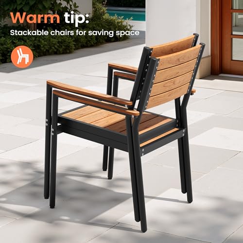 Pellebant 11 Piece Patio Table and Chairs Set, Aluminum Outdoor Dining Set with Umbrella Hole, 94" Dining Table & Stackable Chairs, Weather Resistant Teak Wood Grain Finish for Deck, Porch, Backyard