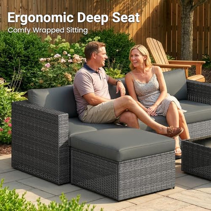 Wisteria Lane 5-Pieces Outdoor Patio Furniture Set, All Weather Wicker Rattan Sectional Sofa, Patio Conversation Set with Cushions & Glass Coffee Table for Backyard Porch Garden Balcony, Grey