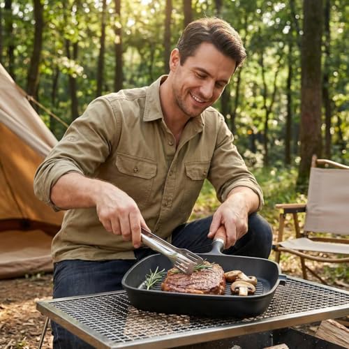 JSY Sun Cast Iron Grill Pan, 9 Inch Griddle Pan with Kitchen Tong & Oil Brush, Gilling Skillet with Pour Spout & Grill Lines for Searing Steak, Stove Tops Gas Induction Campfire Compatible, PFOA Free