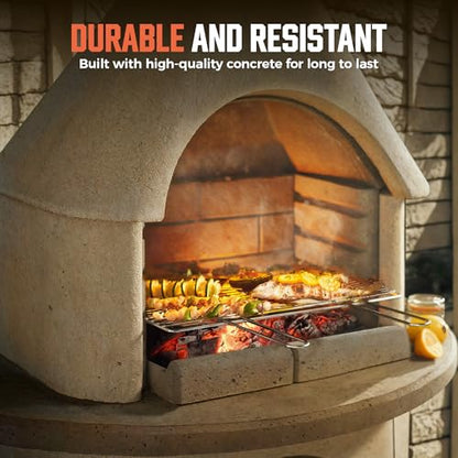 BIG HORN PRIME Concrete Outdoor Fireplace with Grill, Wood Burning Fireplace with Wood Storage and Chimney, Include Grill Rack & Charcoal Pan, 79.9”H