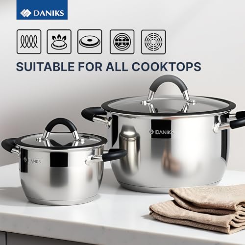 Daniks Orlando 11-Piece Stainless Steel Cookware Set with Glass Lids, Includes Saucepan and Frying Pan, Tri-Ply Bases for Even Heating, Induction Compatible, Dishwasher Safe, Heatproof Handles
