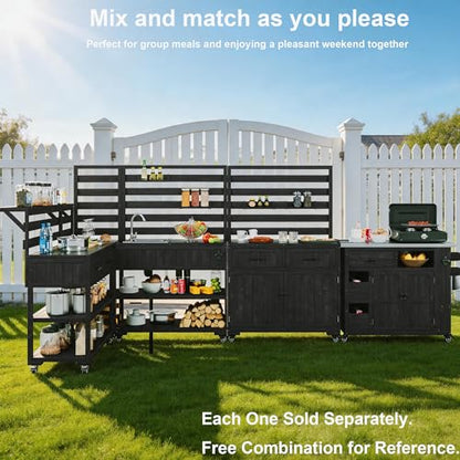 Oevsld 64.9" Farmhouse Wood Outdoor Cabinet with Stainless Steel Tabletop, Large Kitchen Island on Wheels with Hutch, Prep Station for Big Green Egg, BBQ Grill Table & Garden Work Bench