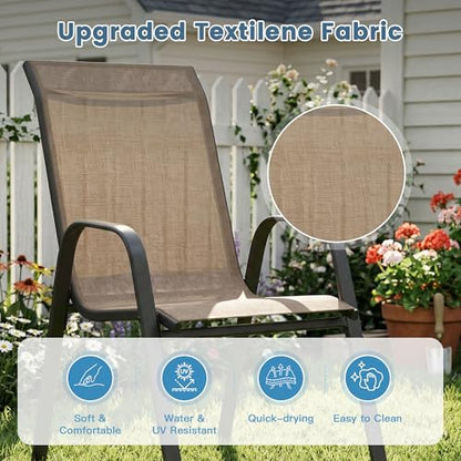 DIFY 7 Piece Outdoor Dining Set, 59.2" Black Rectangle Metal Patio Table and Brown Textilene Stackable Chairs for 6, All Weather Patio Furniture Set with Umbrella Hole for Backyard Garden Deck