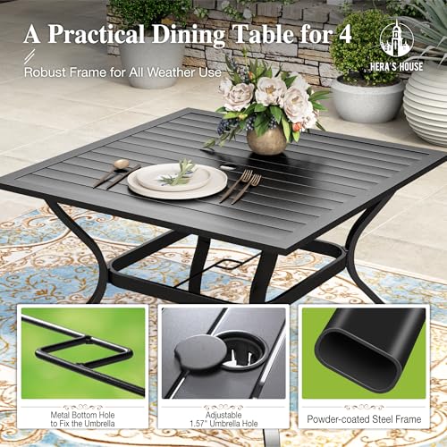 HERA'S HOUSE 5-Piece Patio Table and Chairs, Outdoor Dining Set for 4, Square Metal Table and Textilene Chairs with Umbrella Hole for Lawn Garden Backyard Deck, Brown