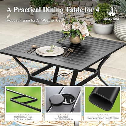 HERA'S HOUSE 5-Piece Patio Table and Chairs, Outdoor Dining Set for 4, Square Metal Table and Textilene Chairs with Umbrella Hole for Lawn Garden Backyard Deck, Brown