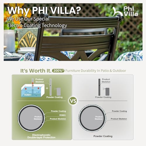 PHI VILLA 7 Pieces Outdoor Dining Set for 6, 54" Round Black Metal Table & Wrought Iron Swivel Chairs, Rustproof Large Outside Furniture with Cushions & Pillows for Patio, Deck, Porch