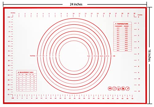 Yansumi silicone pastry non stick baking mat with measurement fondant mat with three sizes for silicone baking mat, counter mat, dough rolling mat,fondant/pie crust mat (Red, 24"L x 16"W)