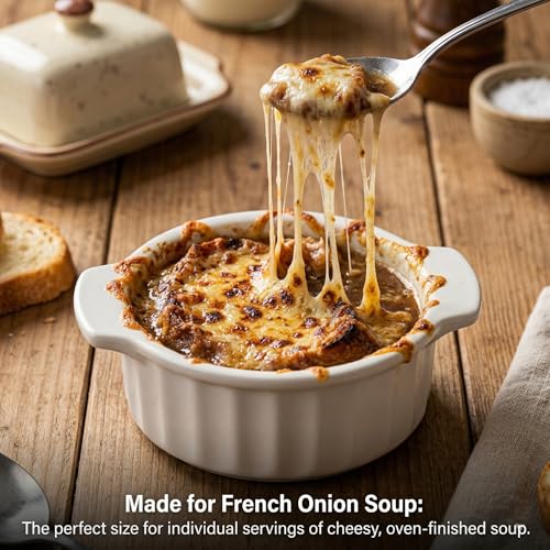 12 oz Ramekins Oven Safe, French Onion Soup Bowls with Handles, Ceramic Small Baking Dishes for Crème Brûlée, Soufflé, Pot Pie & Mini Casserole, Set of 4