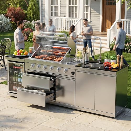 Outdoor Kitchen Island Barbecue Grill with Refrigerator & Rotisserie, Heavy-Duty Stainless Steel Freestanding Grills Station, Weather-Resistant Cooking Cabinet for Backyard & Summer Propane Gas