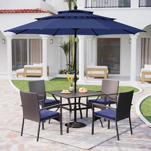 PHI VILLA 5 Piece Outdoor Dining Set with Umbrella, 37" Square Metal Dining Table & Cushioned Rattan Chairs with 10ft Blue Umbrella for Patio, Deck, Yard, Porch