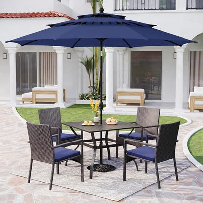 PHI VILLA 5 Piece Outdoor Dining Set with Umbrella, 37" Square Metal Dining Table & Cushioned Rattan Chairs with 10ft Blue Umbrella for Patio, Deck, Yard, Porch