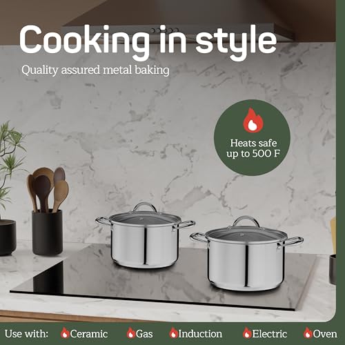 Stainless Steel Stockpot with Tempered Glass Lid 5 Quart, Durable 18/0 Stainless Steel, Impact-Bonded Base for Even Heating, Riveted Handles, Oven & All Stove Compatible, Safe Up To 500°F (260°C)