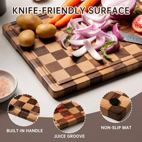 FYCTIO Checkered Cutting Boards for Kitchen, Wooden Cutting Board Set, Acacia Chopping Board with Juice Grooves & Handles, Butcher Block Serving Tray for Meat, Vegetables and Fruits, 3pcs