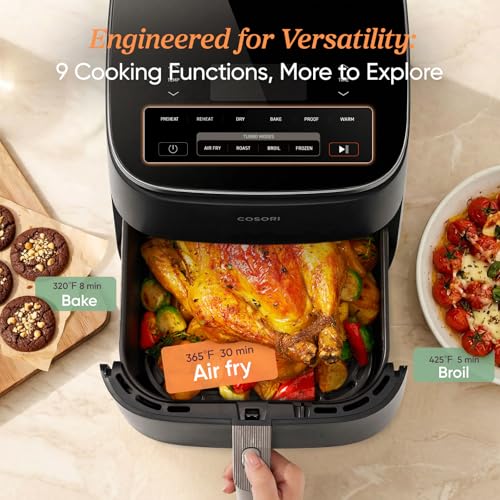 Cosori 9-in-1 TurboBlaze Air Fryer 6 Qt, PFAS-Free Ceramic Coating, 90°–450°F, Precise Heating for Even Results, Air Fry, Roast, Bake, Broil, Dry, Frozen, Proof, Reheat, Keep Warm, 120V, Dark Gray