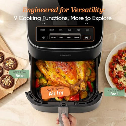 Cosori 9-in-1 TurboBlaze Air Fryer 6 Qt, PFAS-Free Ceramic Coating, 90°–450°F, Precise Heating for Even Results, Air Fry, Roast, Bake, Broil, Dry, Frozen, Proof, Reheat, Keep Warm, 120V, Dark Gray