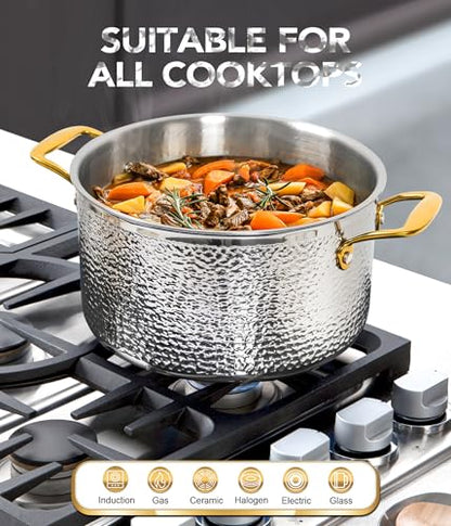 Michelangelo Triply Stainless Steel Stock Pot with Lid, Luxury Hammered Stainless Steel 6 Quart Pot with Lid & Golden Handle, Premium Induction Stockpot - 6QT