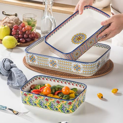 Casserole Dishes for Oven, Ceramic Baking Dishes Set of 3, Rectangular Lasagna Pans, Ceramic Bakeware Set for Baking, Roasting and Serving - Boho Style
