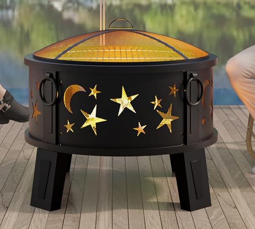 Kingson 26" Outdoor Fire Pit with Grill & Mesh Cover, Wood Burning Steel Firepit with Poker & Star Spark Screen, Heavy Duty Patio Fire Bowl for Backyard, Camping & Garden