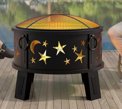 Kingson 26" Outdoor Fire Pit with Grill & Mesh Cover, Wood Burning Steel Firepit with Poker & Star Spark Screen, Heavy Duty Patio Fire Bowl for Backyard, Camping & Garden