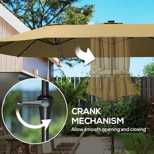 Outsunny 13ft Large Patio Umbrella with Solar Lights, Rectangular Double-Sided Outdoor Market Umbrella with Crank Handle and 48 LED Bulbs for Garden, Pool and Backyard, UPF 30+, Khaki
