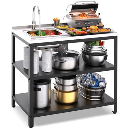 Outdoor Kitchen Island with Sink,36''H Stainless Steel Utility Sink,3T Heavy Duty Pizza Oven Table,Metal BBQ & Grill Stand,Outdoor Cooking Prep Table Freestanding Laundry Sink for Backyard Garage