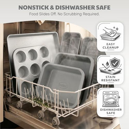 Gotham Steel 6 Pc Stackable Baking Pans Set, 70% Space Saving Design, Ceramic Bakeware Sets Non Toxic Made Without PFOA PFOS, with Cookie Sheet Tray, Cake & Muffin Pans, Oven & Dishwasher Safe