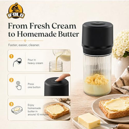 IFOLO Electric Butter Churn – One-Touch Butter Maker in 5–10 Mins, 34oz Glass Jar with High-Speed Brushless Motor, High-Speed Mixing for Creamy Results