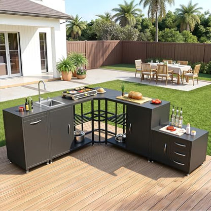 EROMMY 5-Piece Modular Outdoor Kitchen Island with Sink, Large Storage Cabinet & Shelf, Pull-Out Trash Drawer and Grill Stand, Outdoor Storage Kitchen Set for BBQ, Deck, Backyard, Black