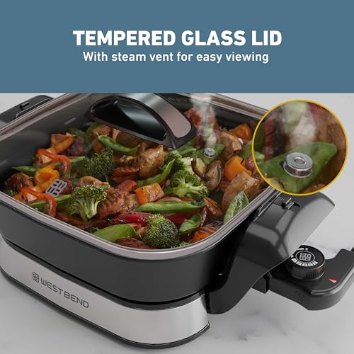 West Bend 11”x11” Electric Skillet with Diamond Shield Ceramic Nonstick, Removable Foldable Base, Tempered Glass Lid with Vent, Adjustable Thermostat, Cool Touch Handles, 4.2-Qt, Black/Stainless Steel