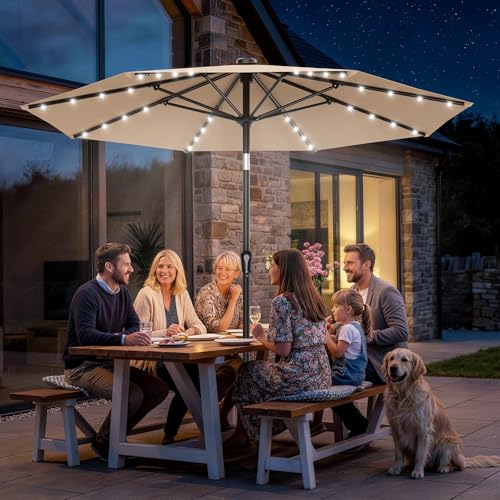 AreShark 9FT Patio Umbrella with Solar Lights, 32 Lighted Pool Umbrella w/Tilt and Crank, Outdoor Market Solar Umbrellas for Garden, Deck, Backyard, Pool and Beach, Beige