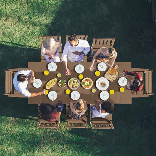 LOUNZY 9 Pieces Patio Dining Sets, Outdoor HDPE Furniture Set for 8 w/ 2" Hole Cut-Out Dining Table with 8 Patio Chairs(2 W/Armrest, 6 w/o Armrest), Brown