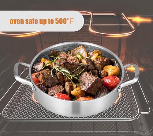 Inqibee 5 QT Hybrid Nonstick Saute Pan with Lid, Tri-Ply Stainless Steel 12 Inch Deep Frying Pan Cookware, PFOA & PFOS Free, Induction Compatible, All Cooktops, Oven & Dishwasher Safe