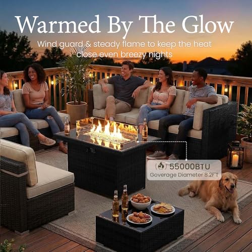 LayinSun 15 Piece Patio Furniture Set with Fire Pit Table, Outdoor Conversation Sets Wicker Rattan Sectional Sofa with Coffee Table