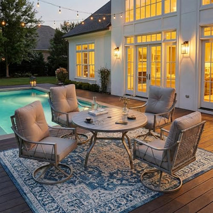 EROMMY 5-Piece Outdoor Patio Dining Set, 4 Wicker Swivel Rocking Chairs with 4" Cushions, 42" Round Table with Adjustable Umbrella Hole for Yard, Backyard, Black