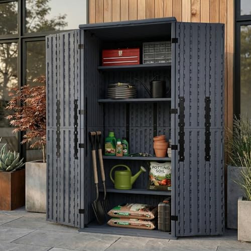 EHHLY Heavy Duty Tall Storage Cabinet Outdoor Weatherproof, 28 Cuft Garage Storage Cabinet with 4 Adjustable Shelves, Lockable Kitchen Pantry Closer Organizer, 31Wx23Lx66H, Sage Grey