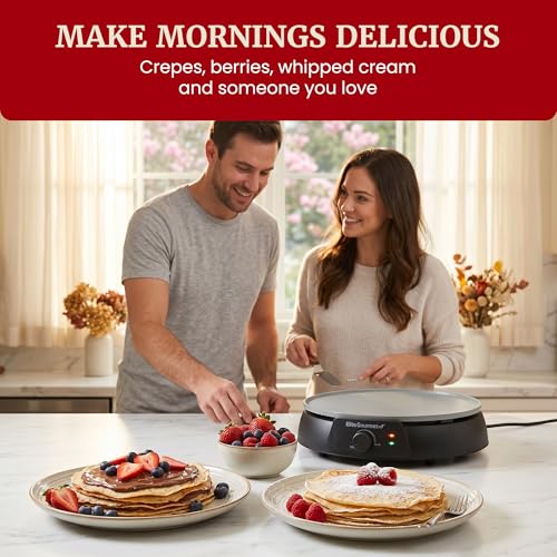 Elite Gourmet 12" Ceralast™ PFAS-Free Ceramic Nonstick Crepe Maker & Griddle, Adjustable Temperature Control, Dual Indicator Lights, Batter Spreader Included, For Crepes, Pancakes & Quesadillas, Black